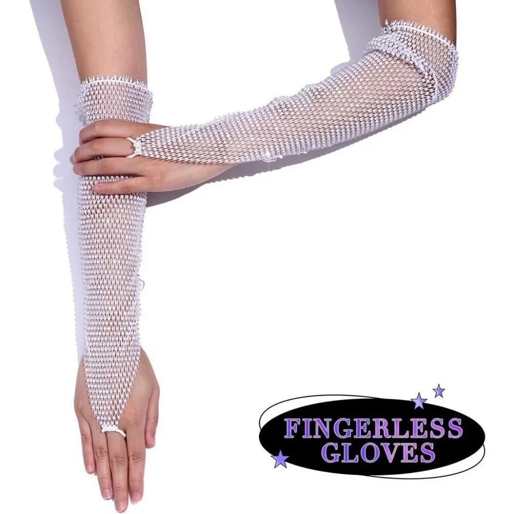 Women's Rhinestone Long Arm Rave Sleeves Fingerless Gloves White Fishnet